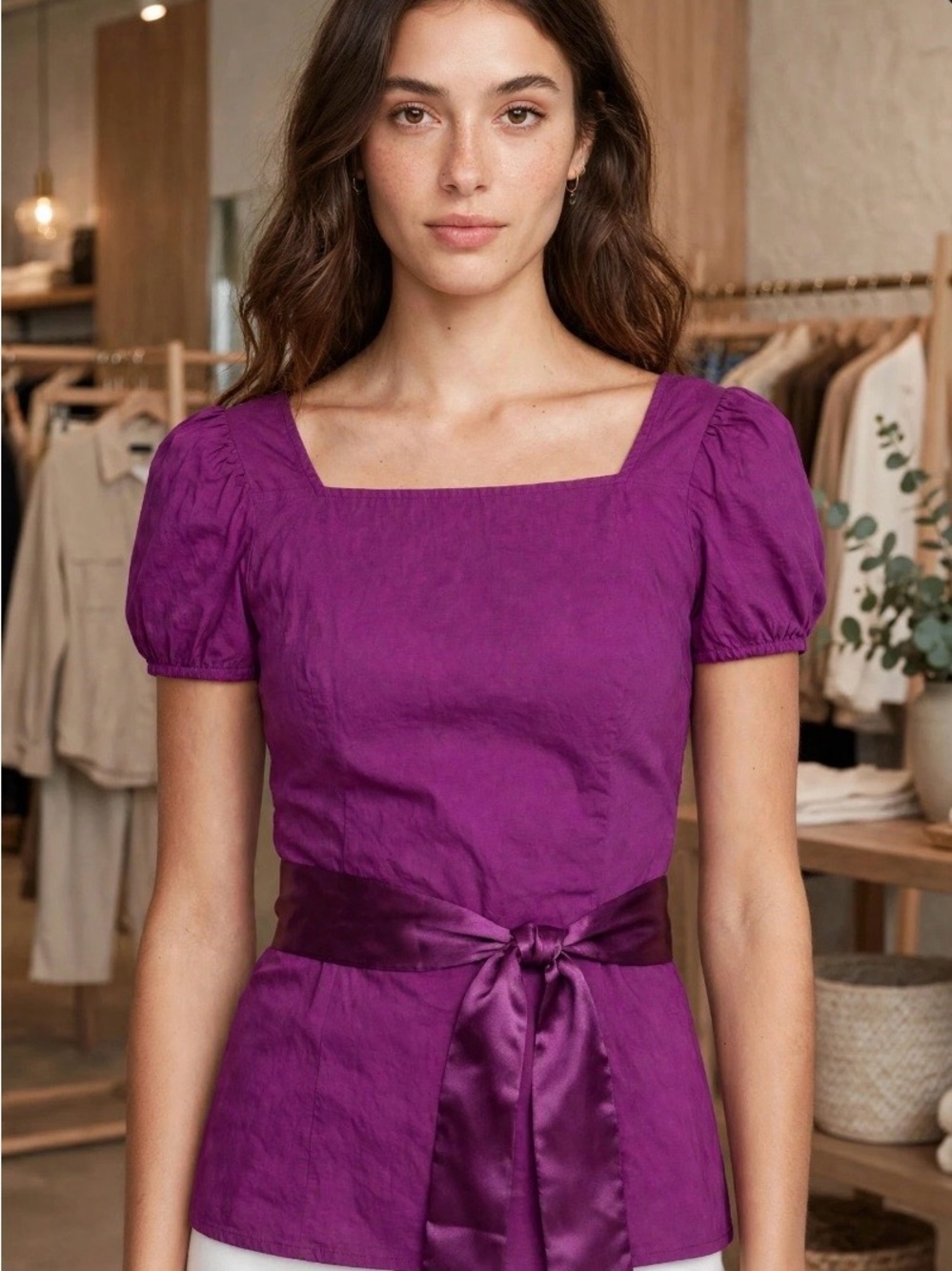 Vintage Miss Majesty Off-Shoulder Purple peasant Top with Satin Waist Tie Size
